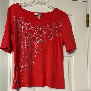 Chico's Coral Short Sleeve Top with Silver Accents